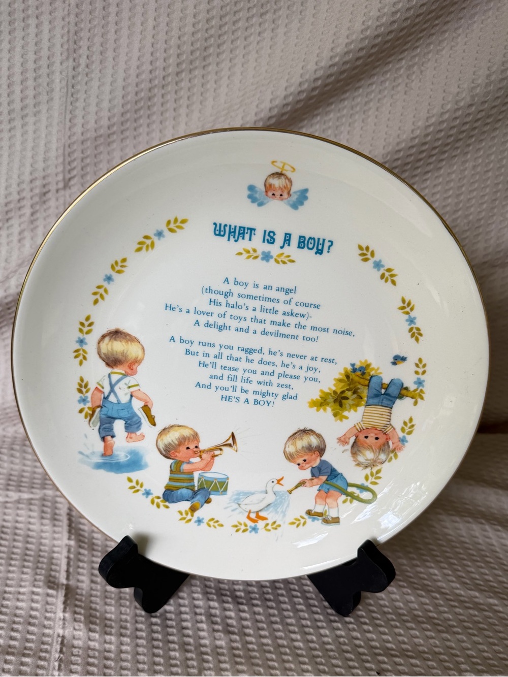 1973 Vintage ‘What Is A Boy?’ Decorative Baby Plate by Gibson — Blue & Gold